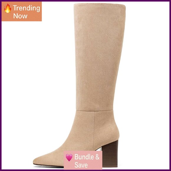 Knee High Boots Chunky Heel Pointed Toe Side Zipper Dress Party